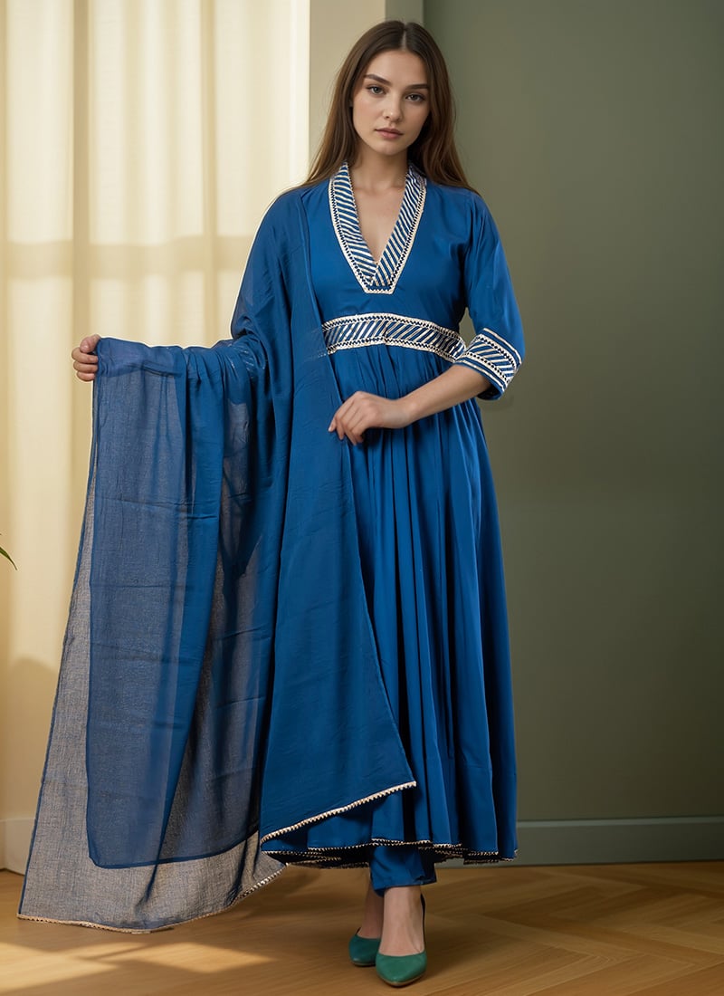 Blue Rayon Zari Gota Patti Anarkali Suit