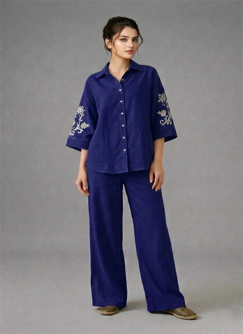 Blue Regal Fern Linen Cotton Co Ord Set After Six Wear