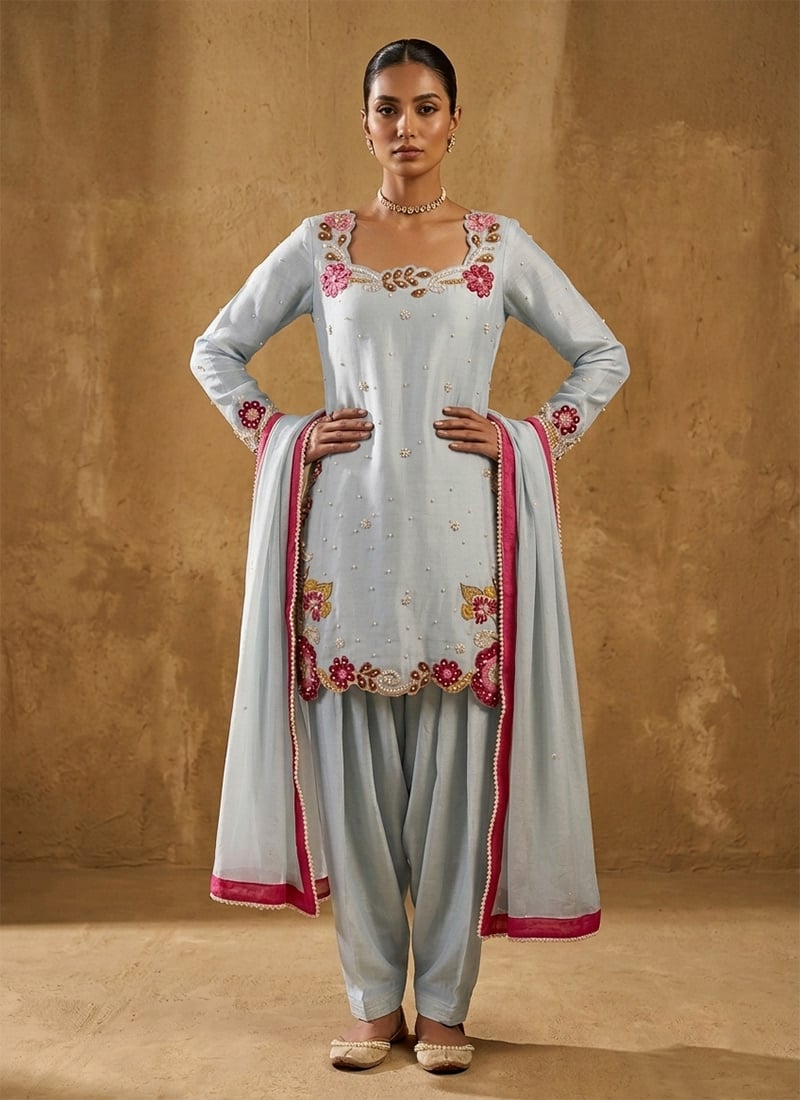 Blue Resham Hand Embroidered Pearl Work Satin Salwar Suit Festive Wear