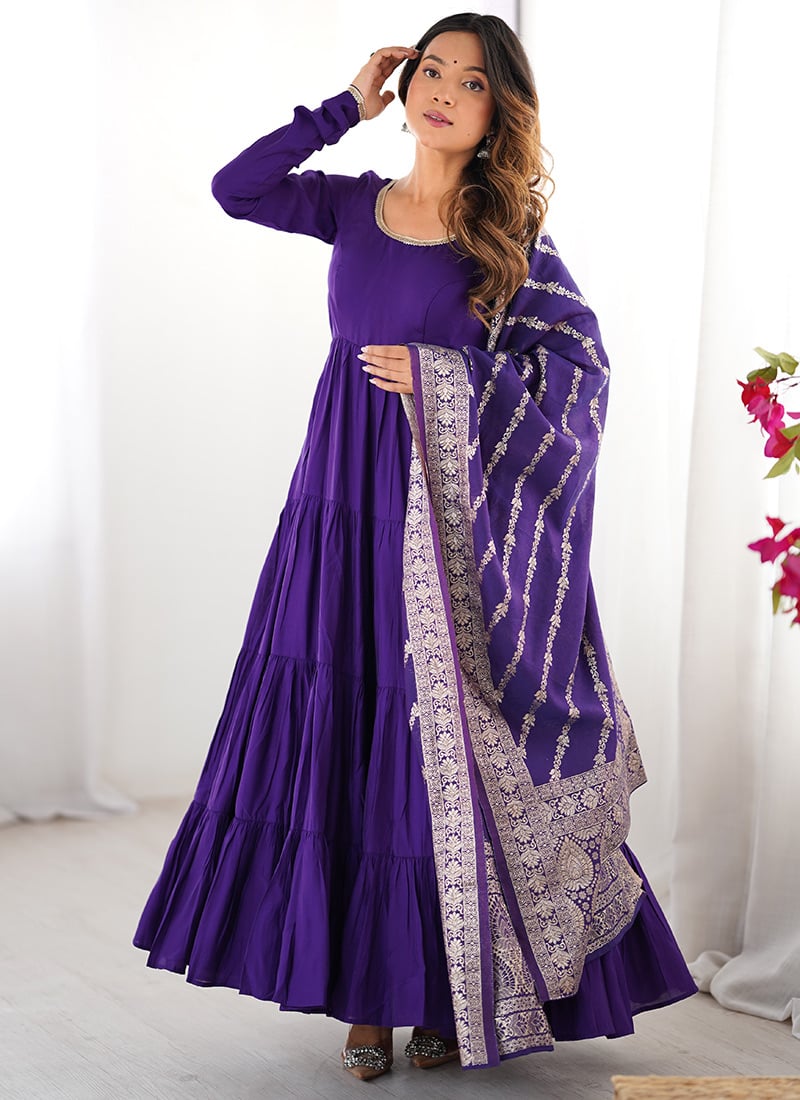 Blue Roman Silk Anarkali Suit with Banarasi Dupatta Festive Wear