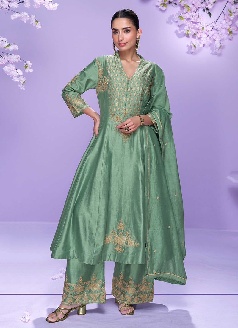 Sea Green Roman Silk Embroidered And Zari Palazzo Suit Festive Wear