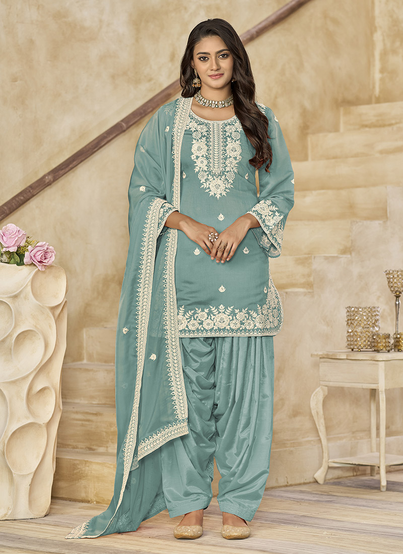 Blue Roman Silk Embroidered Sequins Salwar Suit Festive Wear