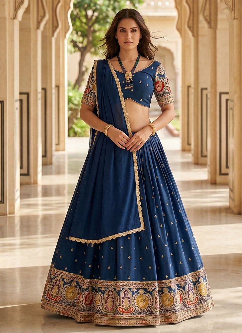 Blue Roman Silk Sequins Zari Embroidered Lehenga Wedding Wear