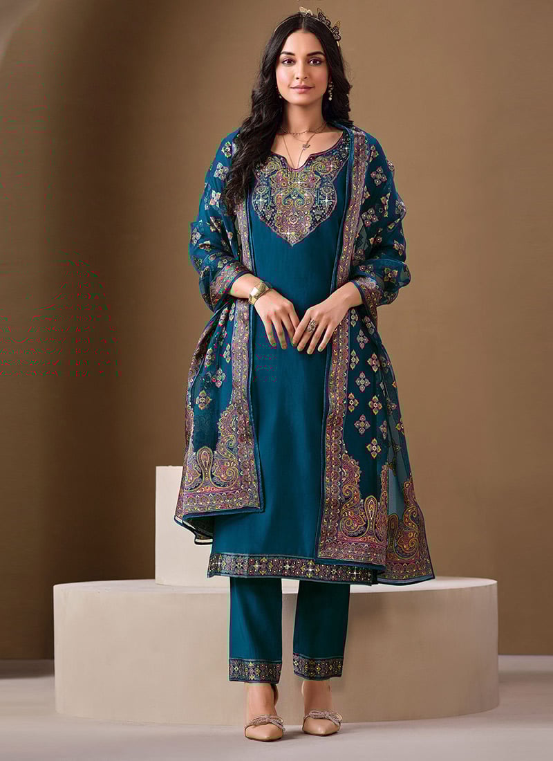 Blue Roman Silk Straight Pant Suit With Mirror Work After Six Wear
