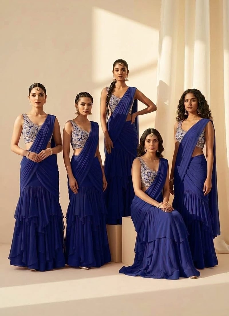 Blue Ruffle Lehenga Saree with Bead  Embroidered Saree After Six Wear