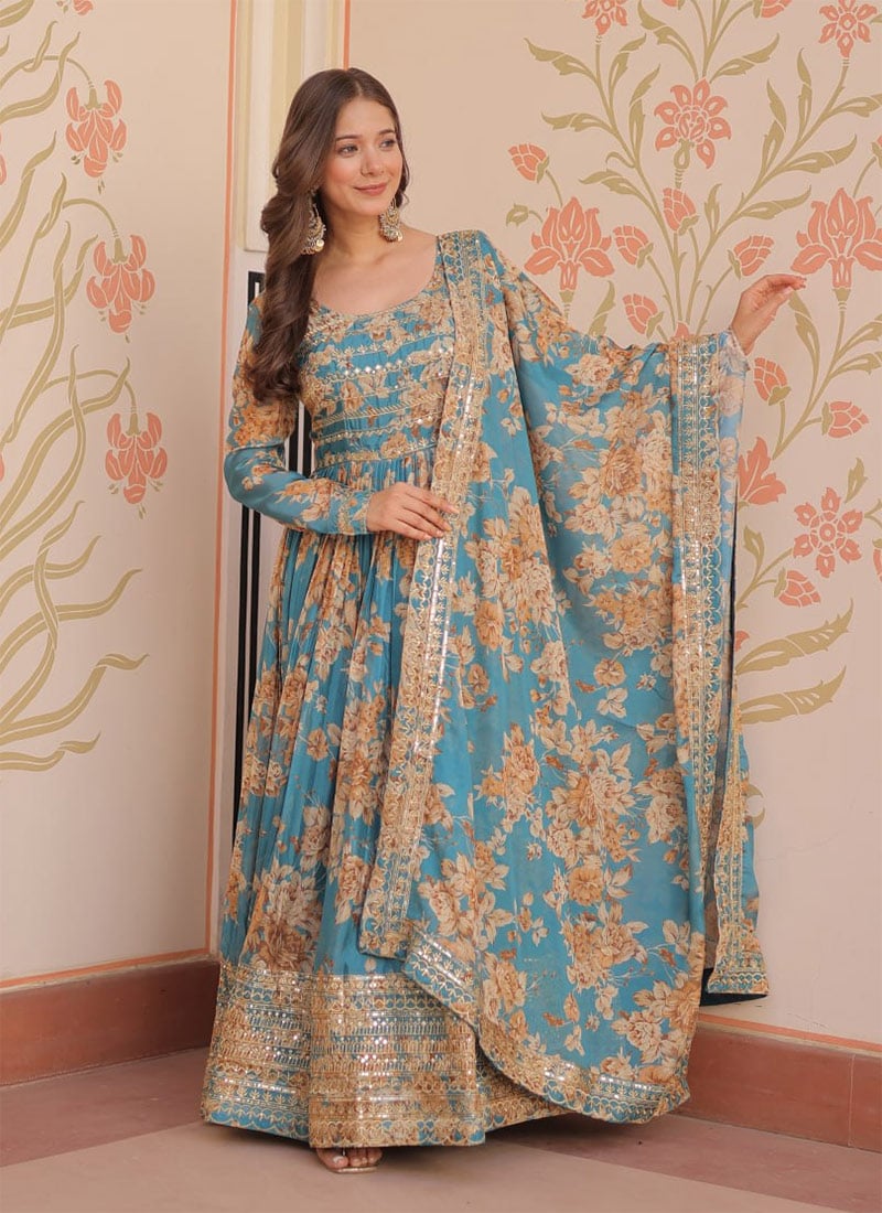 Blue Russian Silk Floral Digital Print With Embroidered Sequins Anarkali Suit Festive Wear
