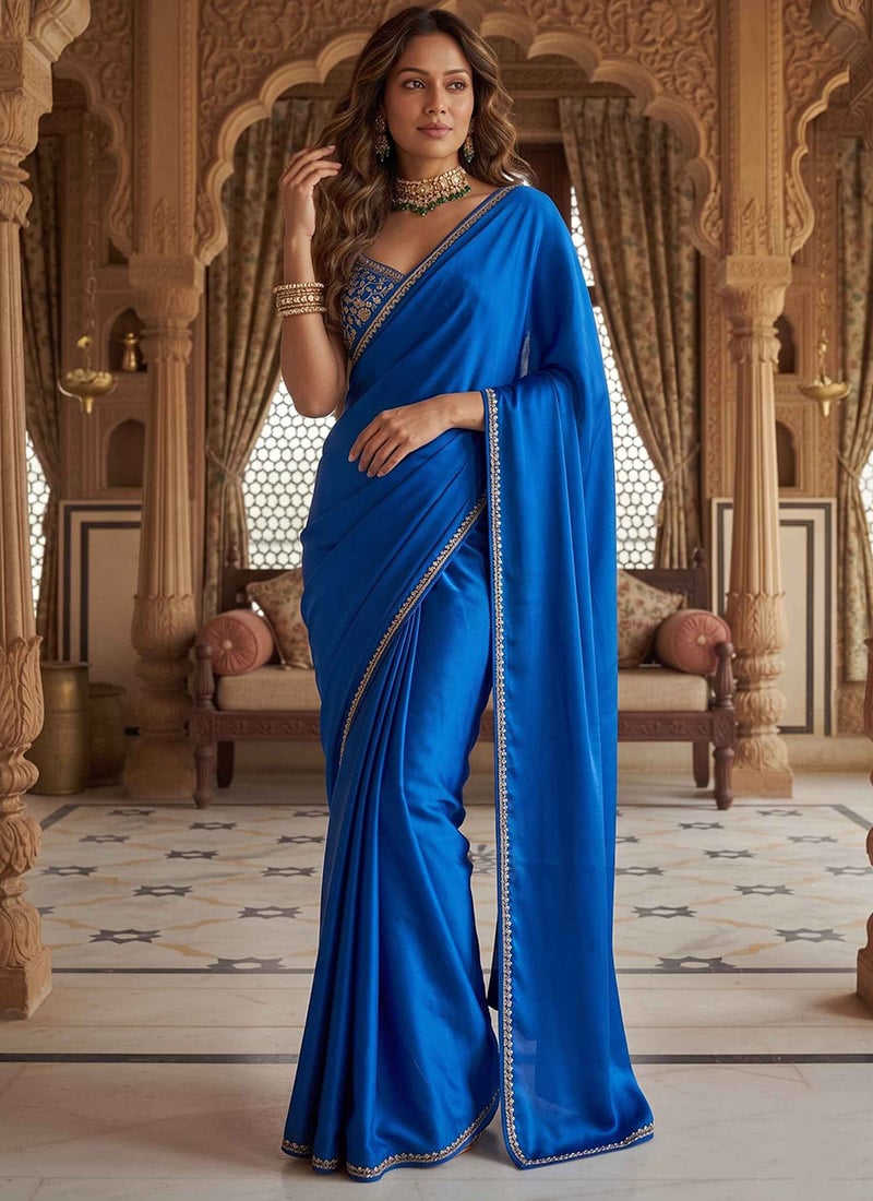 Blue Satin Blend Zari Hand Embroidered Sequins Pre Draped Saree Wedding Wear