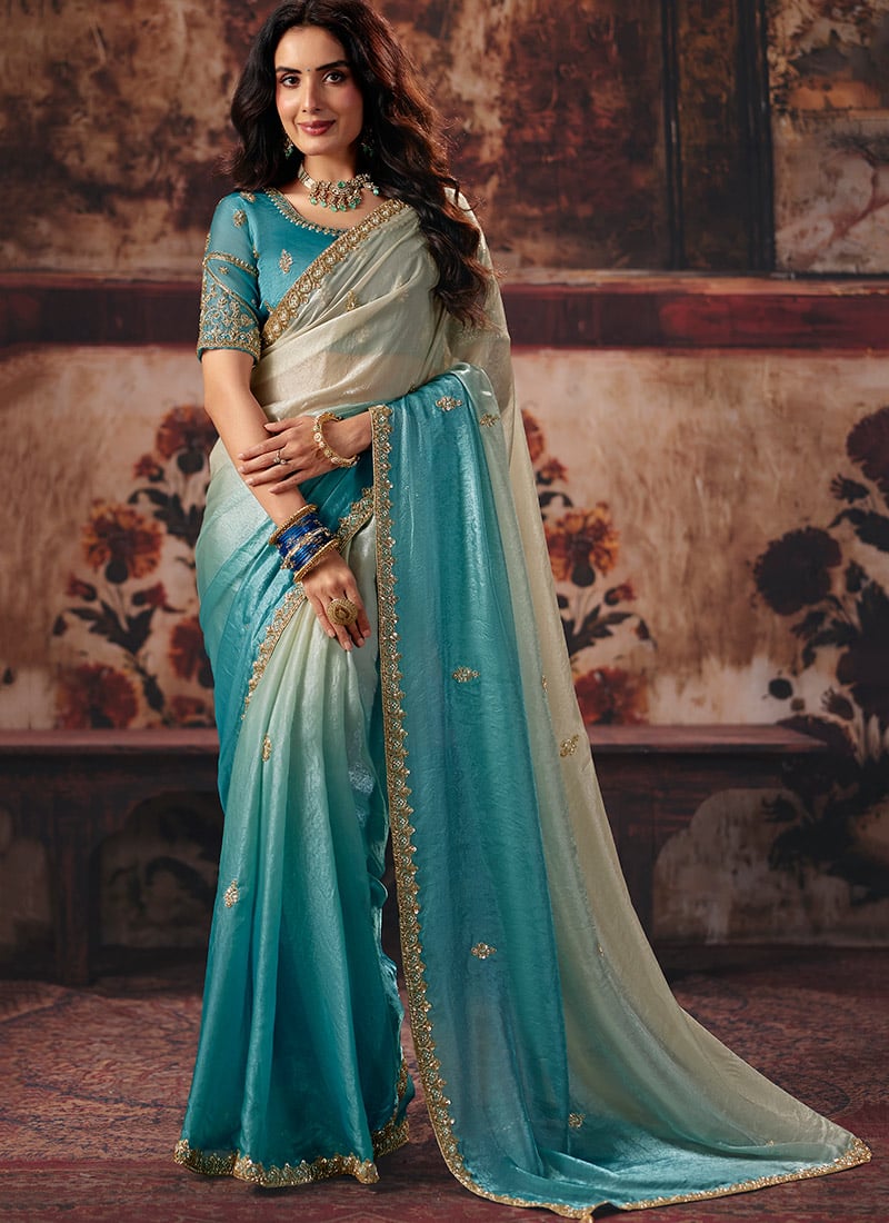 Blue Satin Blend Zari Sequins Beads Embroidered Saree After Six Wear