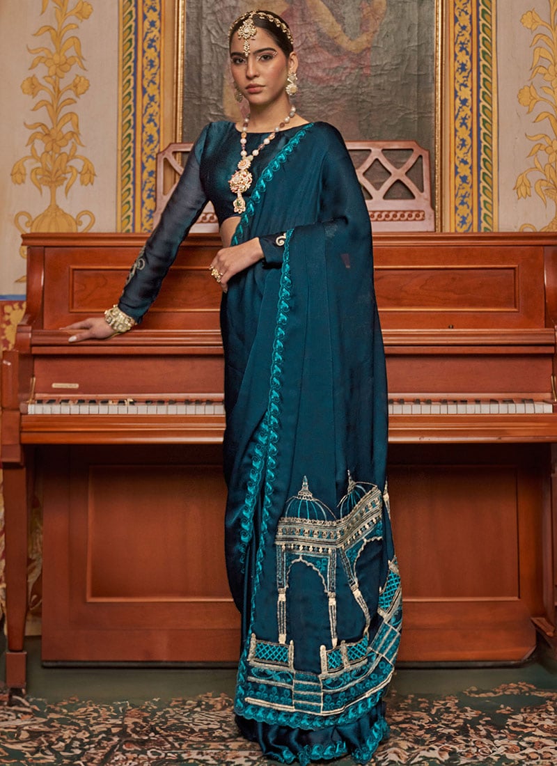 Blue Satin Chiffon Zari Embroidered Saree Festive Wear