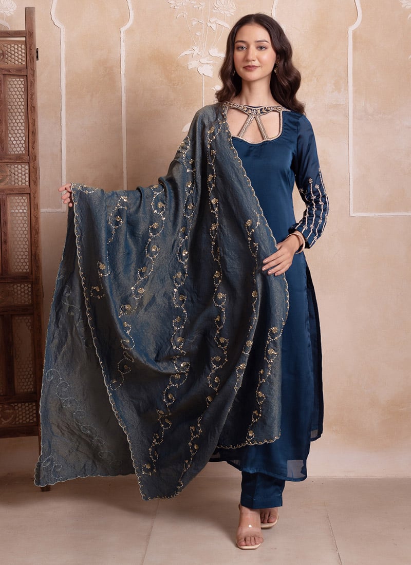 Blue Satin Embroidered Anarkali Suit After Six Wear