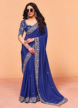 Blue Satin Embroidered Sequins Saree
