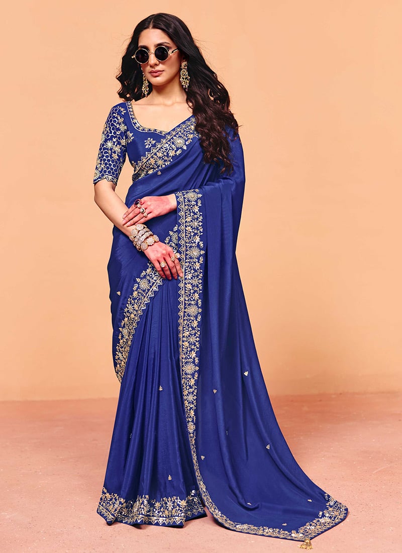 Blue Satin Embroidered Sequins Saree Festive Wear