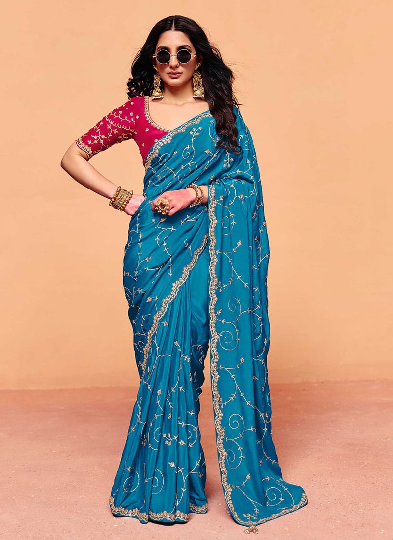 Blue Satin Embroidered Sequins Saree Festive Wear