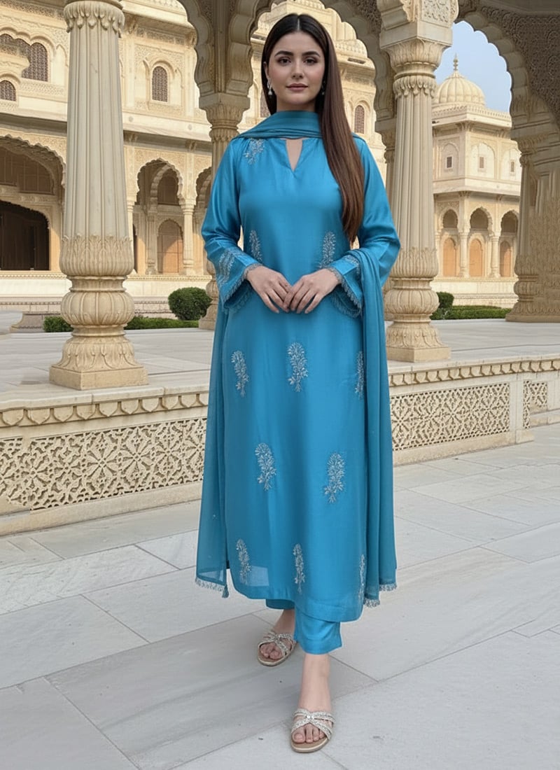 Blue Satin Georgette Zari Sequins Hand Embroidered Straight Pant Suit Festive Wear