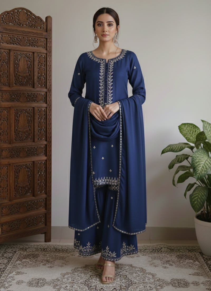 Blue Satin Georgette Zari Sequins Palazzo Suit Festive Wear