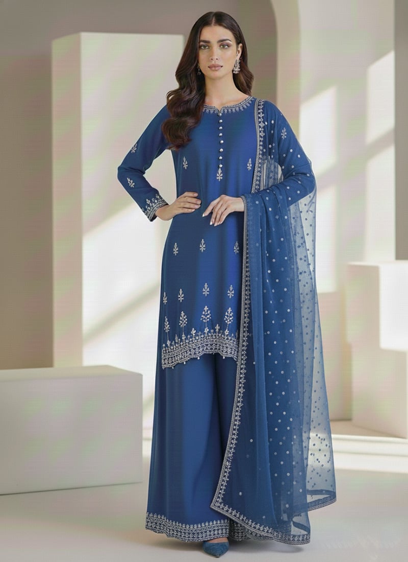 Blue Satin Georgette Zari Sequins Palazzo Suit Festive Wear
