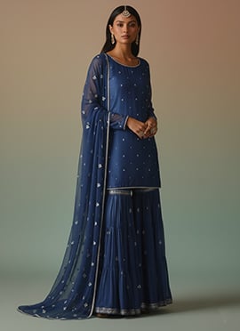 Blue Satin Georgette Zari Sequins Sharara Suit