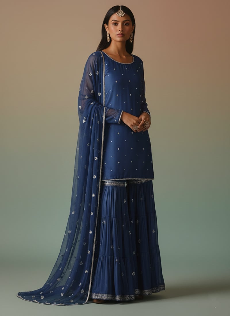 Blue Satin Georgette Zari Sequins Sharara Suit Festive Wear
