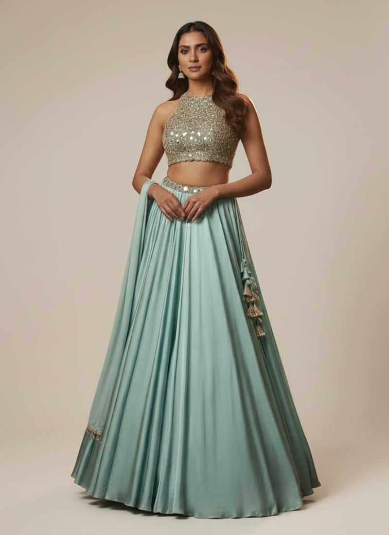 Blue Satin Mirror Work Hand Embroidered Umbrella Lehenga Wedding Wear