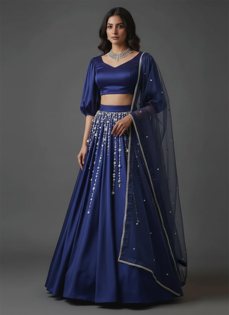 Blue Satin Silk Beads And Stones Hand Embroidered Lehenga Set Wedding Wear