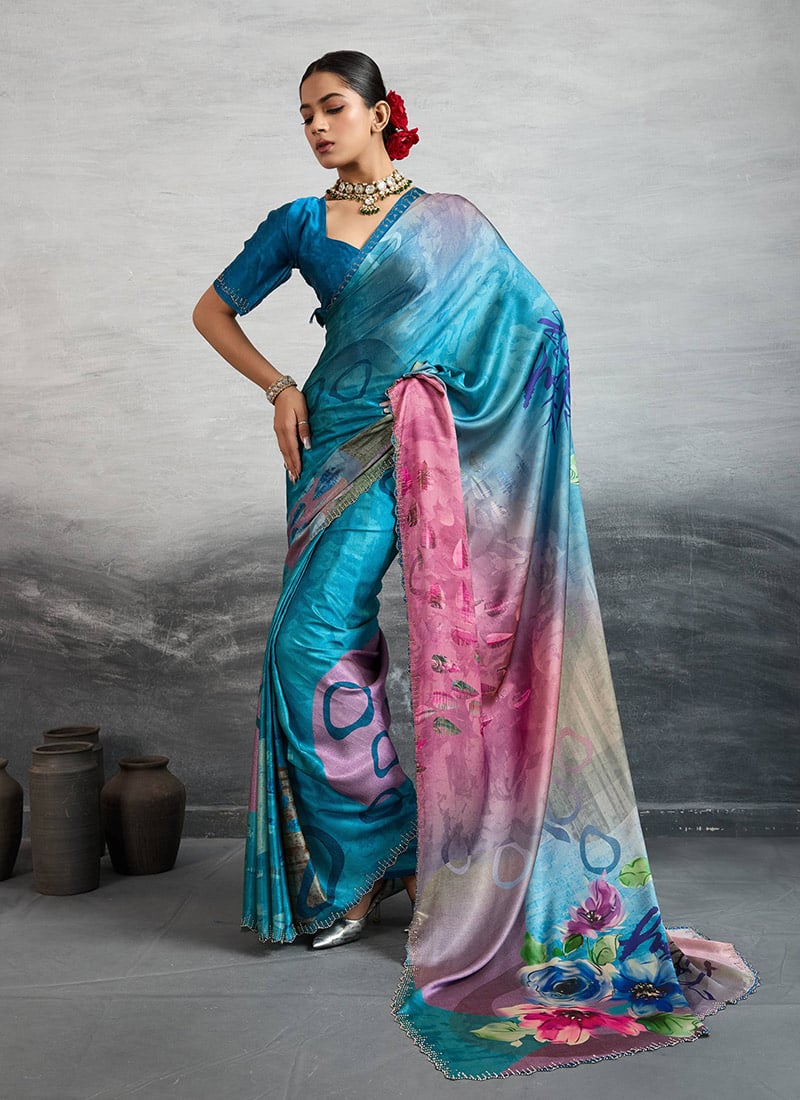 Blue Satin Silk Digital Print And Stones Saree After Six Wear