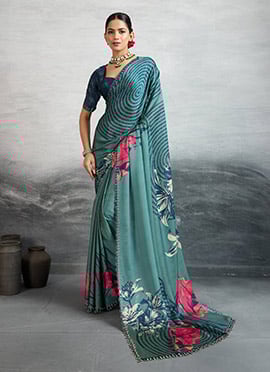Blue Satin Silk Digital Print And Stones Saree