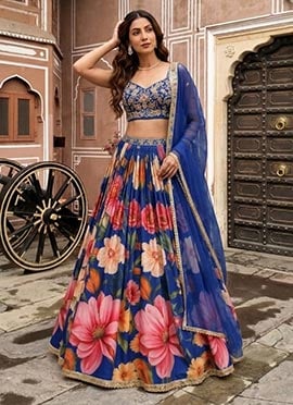 Blue Satin Silk Digital Print Cutdana Sequins Lehenga Choli