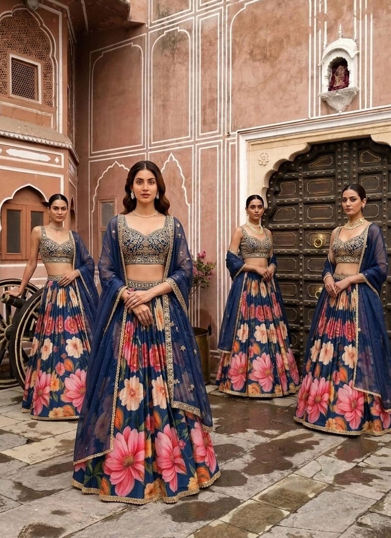 Blue Satin Silk Digital Print Cutdana Sequins Lehenga Choli Wedding Wear