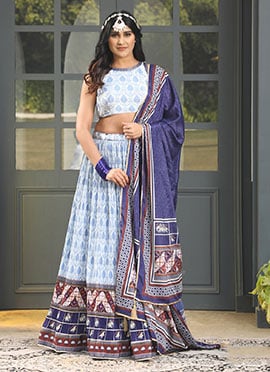 Blue Satin Silk Digital Printed Work A Line Lehenga