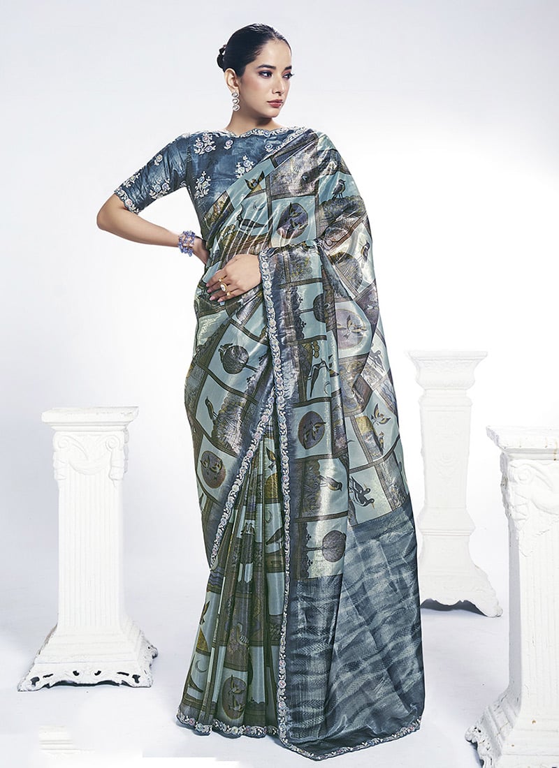 Blue Satin Silk Embroidery With Stone Saree Festive Wear