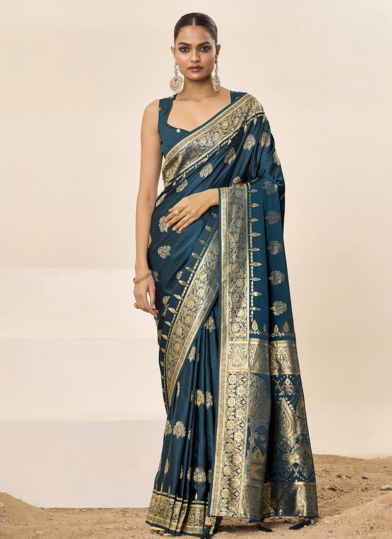 Blue Satin Silk Jacquard Woven Saree Festive Wear