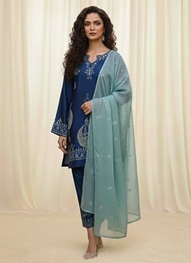 Blue Satin Silk Resham Straight Pant Suit