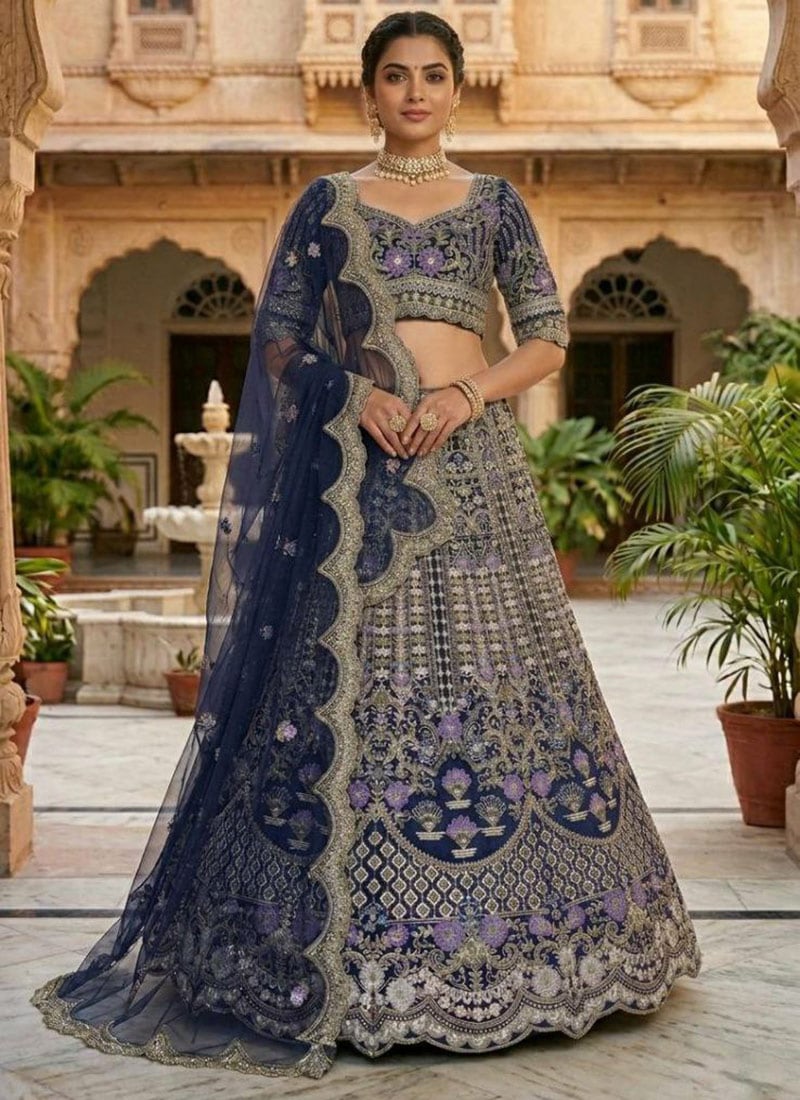 Blue Satin Silk Sequins Lehenga Wedding Wear
