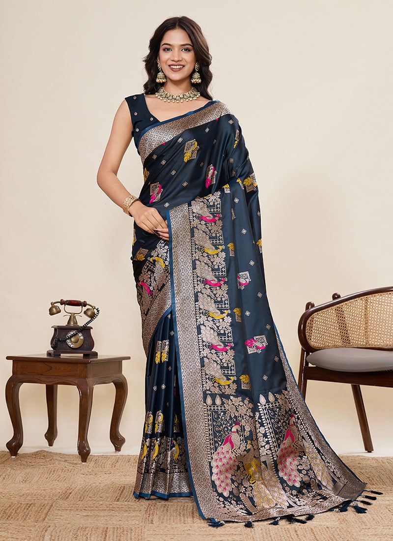 Blue Satin Silk Woven Zari And Foil Print Saree Festive Wear