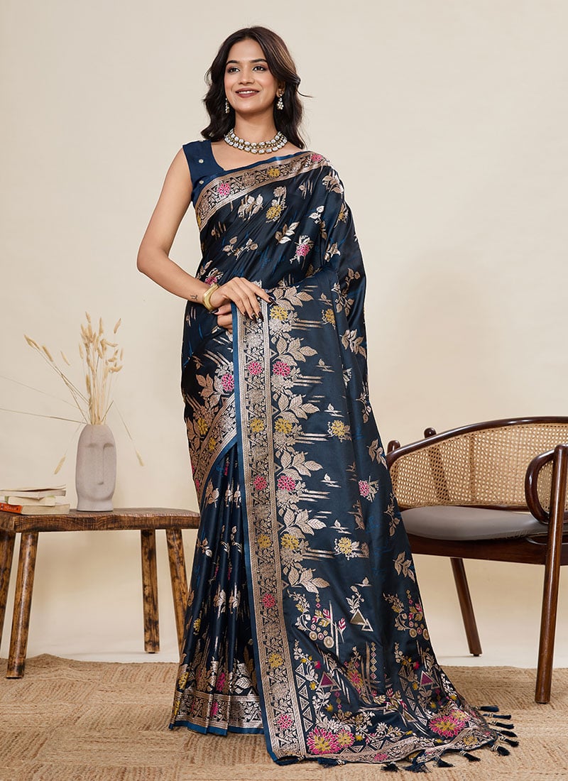 Blue Satin Silk Woven Zari Saree Festive Wear