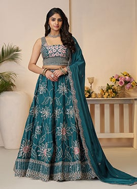 Blue Satin Silk Zari Embroidered Sequins With Stone Work Lehenga