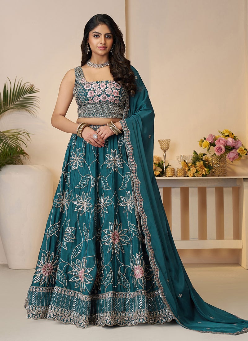 Blue Satin Silk Zari Embroidered Sequins With Stone Work Lehenga Wedding Wear