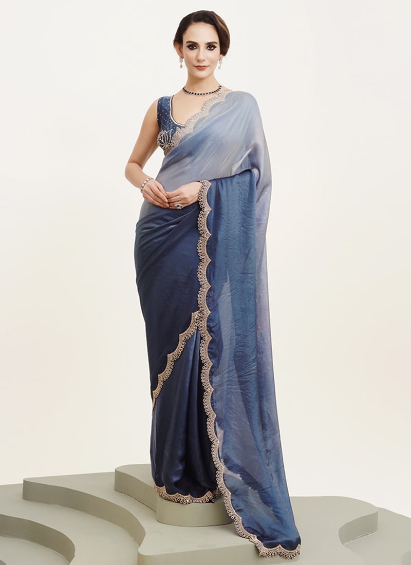 Blue Satin Stone Saree After Six Wear