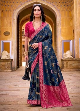 Blue Satin Tissue Silk Patola Banarasi Print Saree