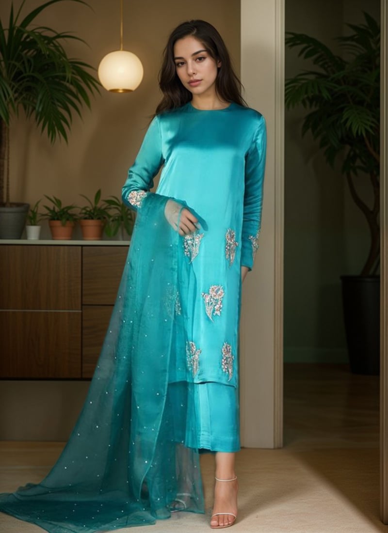Blue Satin Zari Sequins Hand Embroidered Straight Pant Suit Festive Wear
