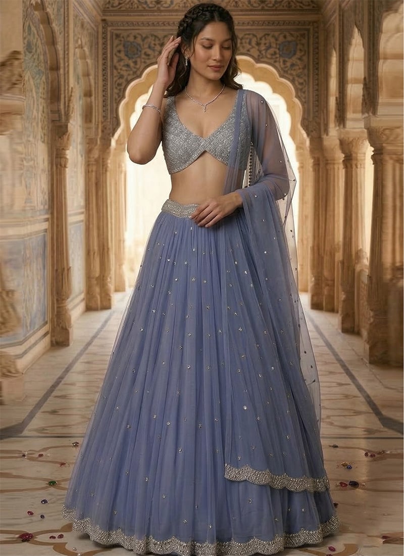Blue Sequins And Stone Work Net Lehenga Wedding Wear