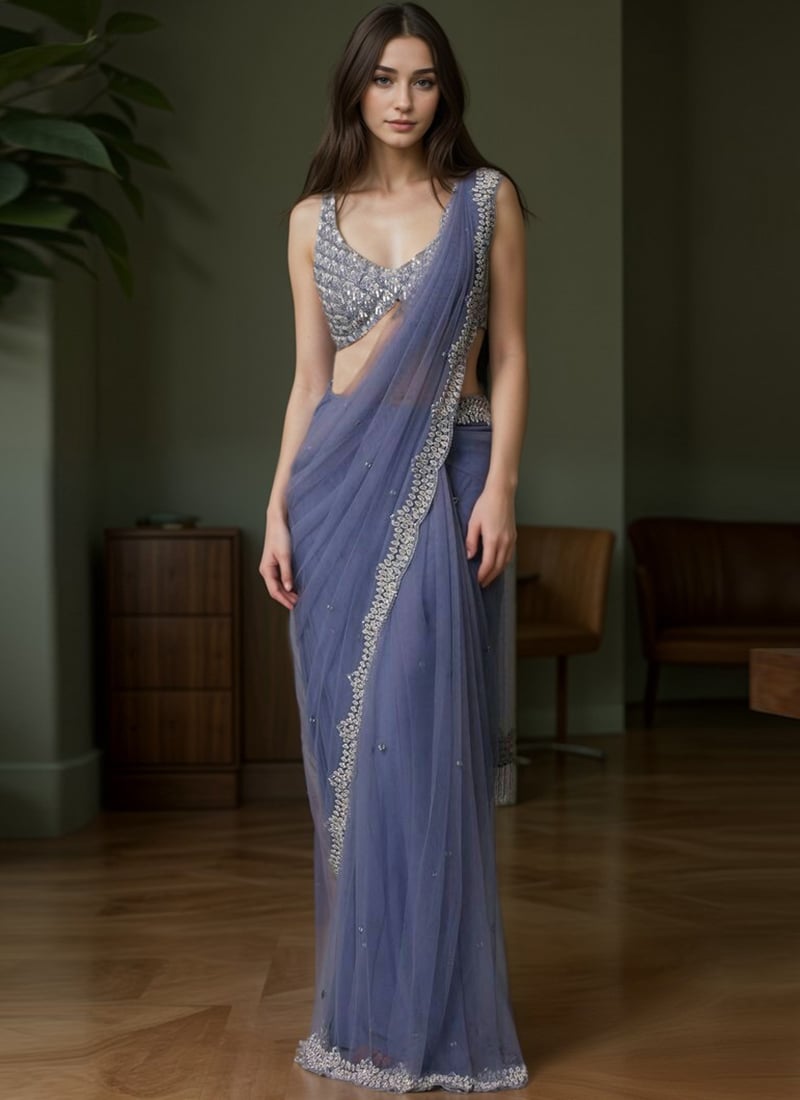Blue Sequins Cut Dana Net Trendy Saree After Six Wear-SASCCRM002