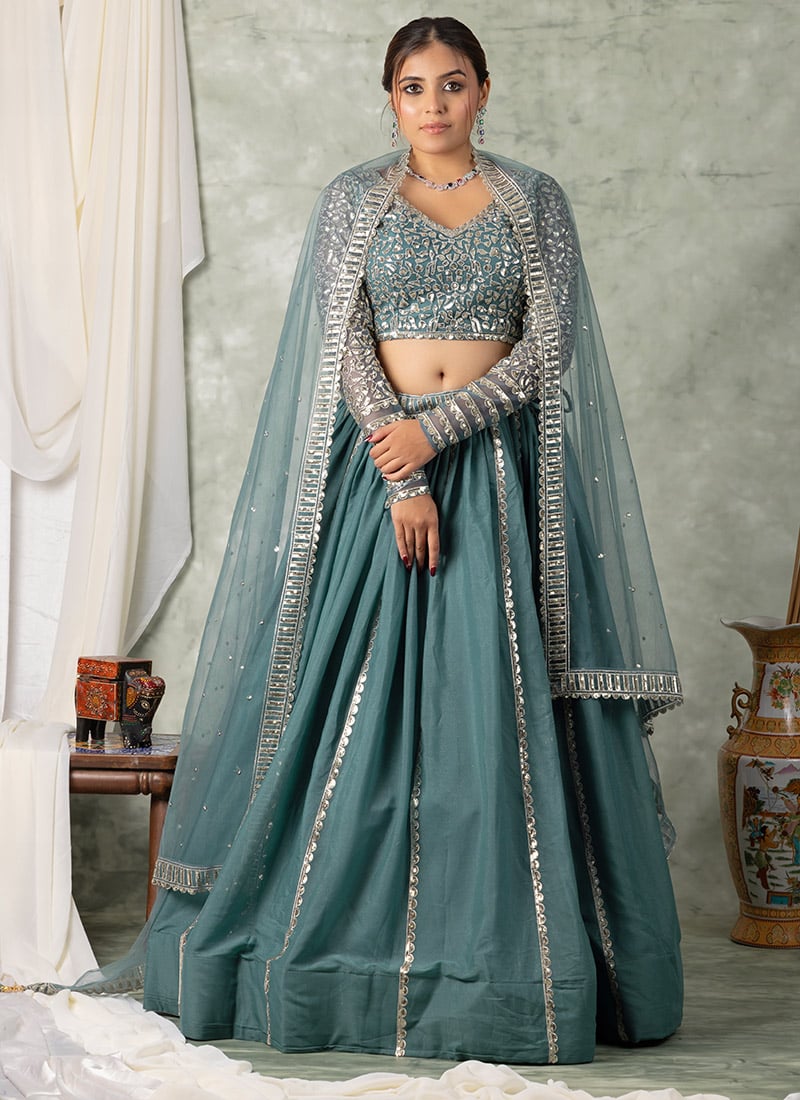 Blue Shimmer Georgette Sequins Gorgeous Lehenga Wedding Wear