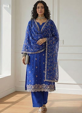 Blue Shimmer Organza Embroidered Sequins Straight Pant Suit