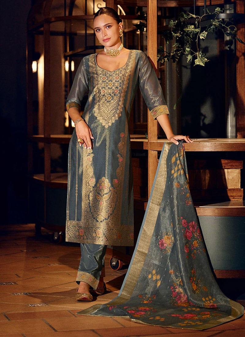 Blue Shimmer Silk Digital Print Zari Work Straight Pant Suit Festive Wear