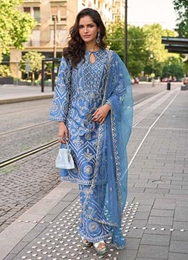 Blue Shimmer Silk Embroidered Sequins And Stones Palazzo Suit Festive Wear