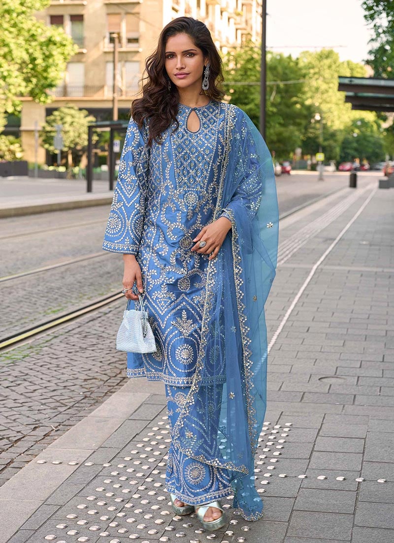 Blue Shimmer Silk Embroidered Sequins And Stones Palazzo Suit