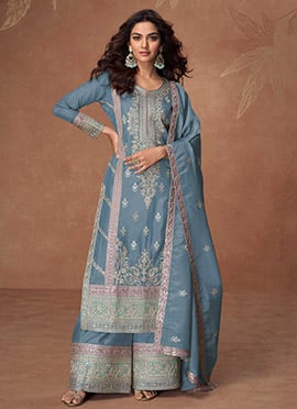 Blue Shimmer Silk Embroidered Sequins Pakistani Palazzo Suit