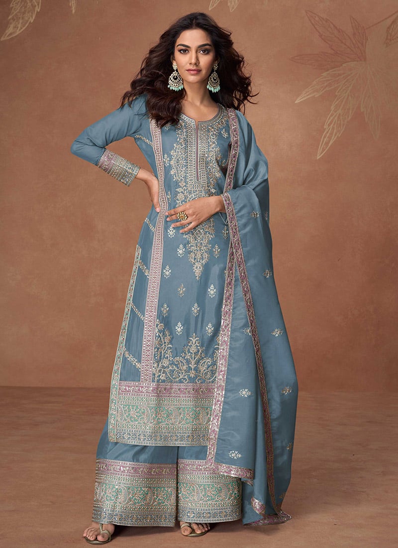 Blue Shimmer Silk Embroidered Sequins Pakistani Palazzo Suit Festive Wear