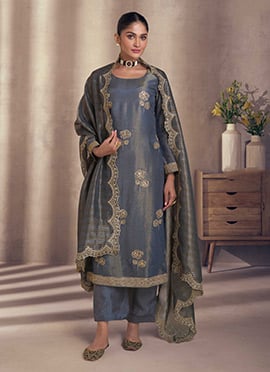 Blue Shimmer Silk Embroidered Sequins Straight Pant Suit With Jacquard Dupatta
